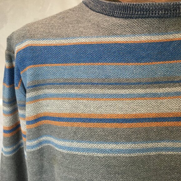 Bench Men's Blue Gray Yellow Stripe Crew Neck Sweater Size L Large Tight Knit - Picture 14 of 16